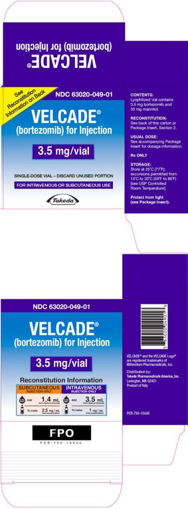 Official bortezomib injection 3.5mg vial label with storage and usage information