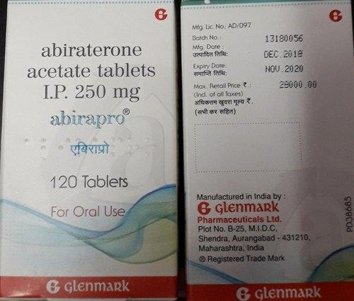 Abiraterone Acetate 250mg medicine box showing product details and manufacturer information
