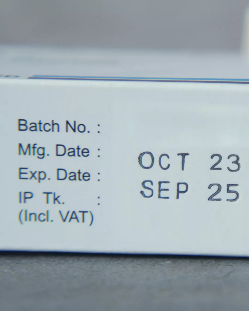 Medicine package label showing batch number manufacturing date and expiry date