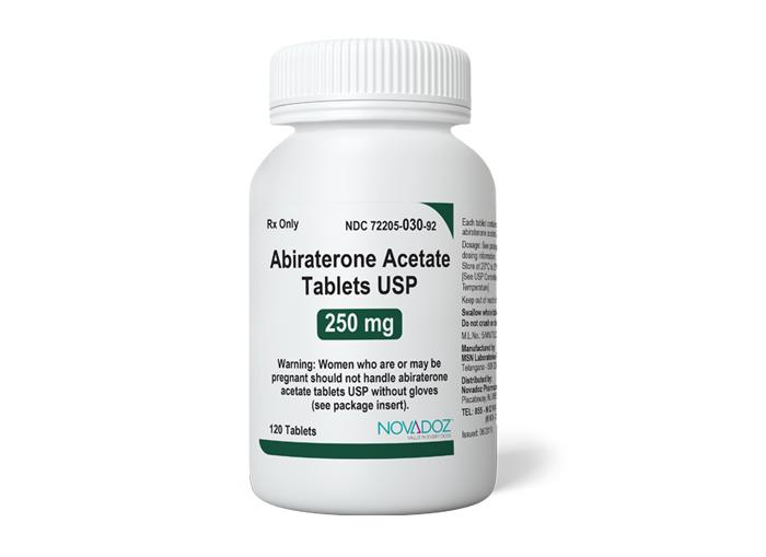 Abiraterone Acetate Tablets USP 250mg bottle showing prescription-only label and tablet strength
