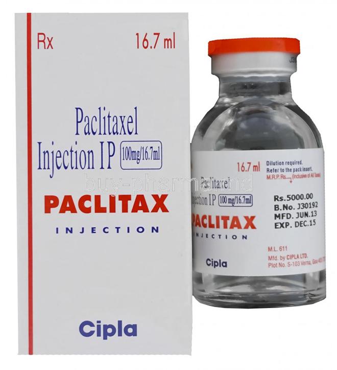 Paclitaxel injection packaging showing product name strength and manufacturer details