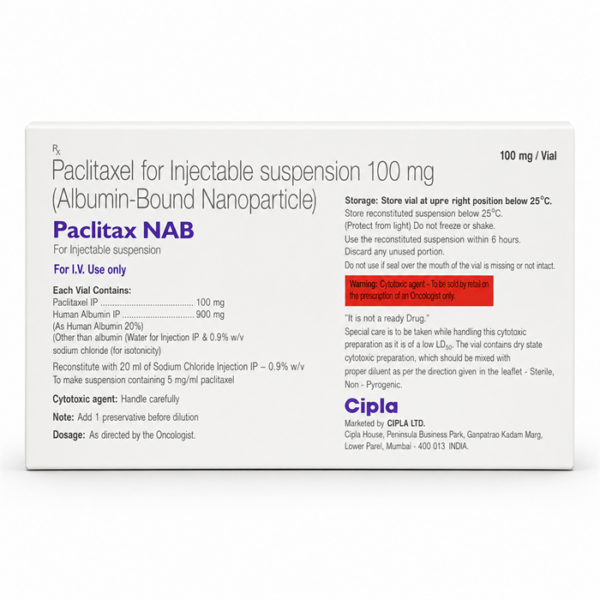 Paclitax NAB Injection carton back label showing storage and manufacturer information